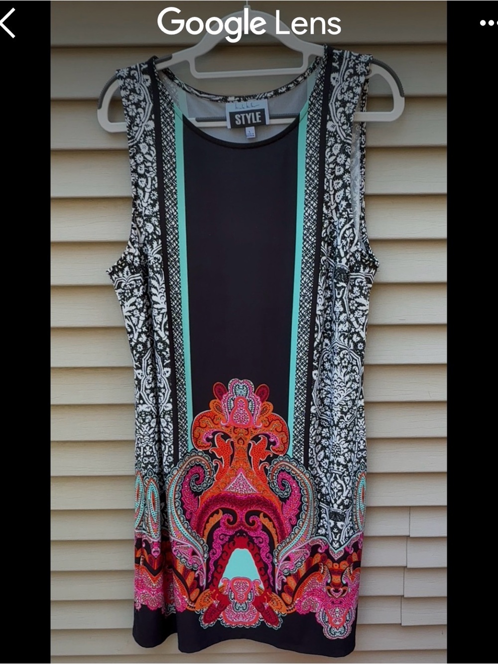 Nicole Miller Black Dress with Mint Stripes and Bright Paisley Hem Size M/L